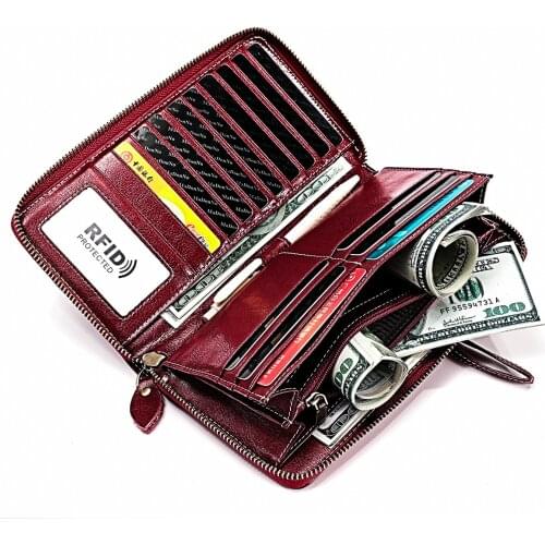 New Genuine Leather Womens Wallet Long Luxury Femme Clutch Wallets Solid Ladies Purses Phone Pocket ID Card Holder Coin Purse