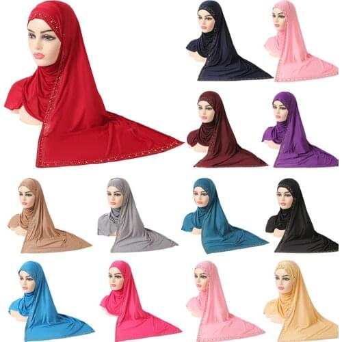 New Jersey Scarf Muslim Women Long Hijab Rhinestone Head Shawls Wrap Arab Headscarf Instant Scarves Islamic Neck Covers Headwear