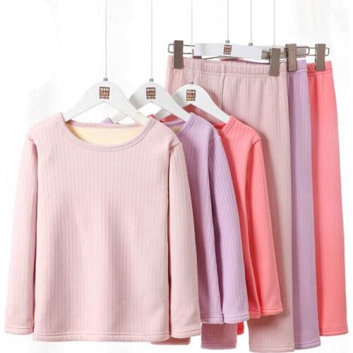 Winter Girls Boys Pajamas Sets Ribbed Warm Sleepwear Thermal Long Sleeve Children Solid Kids Top and Pants Loungewear