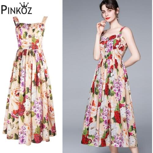 Pinkoz Hydrangea flower midi A-line dress camisole spaghetti strap buttons casual zipper dresses robe holiday robe vestidos traf