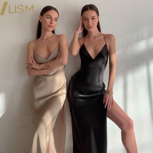 Vintage Spaghetti Strap Dress Summer Sexy Sleeveless Slim Solid Dress Office Lady Satin Backless Bodycon Dress Vestido Feminino