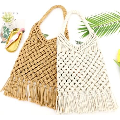 New thick cotton thread tassel straw bag hollow shoulder woven bag casual handbag beach bag