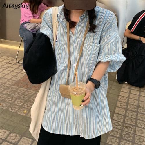 Striped Shirts Women Mid-length Preppy Loose Y2K Leisure All-match Summer Harajuku Simple Popular Streetwear Japan Style Teens