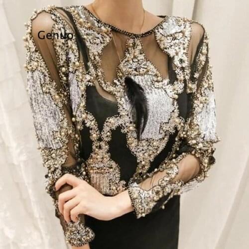 Luxury Women Crystal Sequins Embroidery Blouse Lace Geometric Heavy Beads Shirts Sexy Blusas Camisa Clubs Hollow Tops