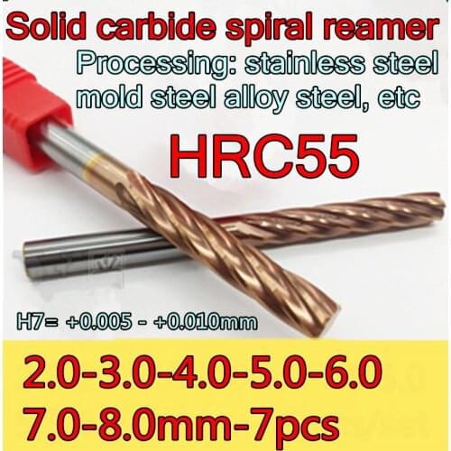 2 3 4 5 6 7 8 mm 7pcs/set HRC55 Solid carbide spiral reamer H7 Processing: stainless steel mold steel alloy steel, etc