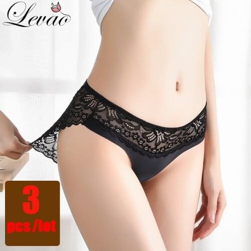 LEVAO 3PCS/Lot Sexy Women Lace Ice Silk Underwear High Quality Transparent Briefs Panties Seamless Solid Female Lingerie Tanga