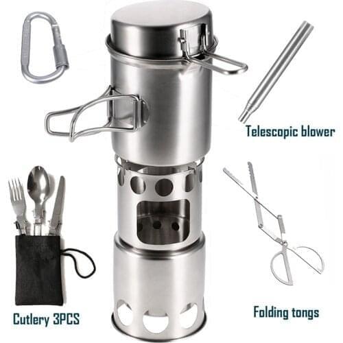 Outdoor Camping Wood Stove Cookware Stainless Steel Telescopic Blower Folding Tongs Three-Piece Cutlery Set Camping Wood Stove