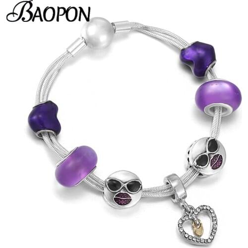BAOPON High Quality Silver Plated Charm Bracelet With DIY Enamel Heart Beads Bracelets Bangles For Women Girlfriend Jewelry Gift