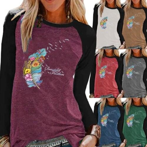 Women Clothing Autumn Fashion Printing Gtraphic Tee Raglan Long Sleeve Elegent Round Neck Loose Casual Shirt Plus Size