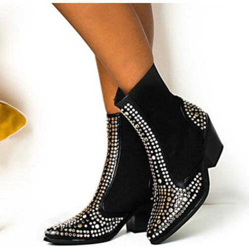 Womens Ankle Boots Women Rivet Chelsea Boots Bling Pointed Toe Mid Heels Woman Elegant Slip On Pumps Lady Footwear Female Shoes