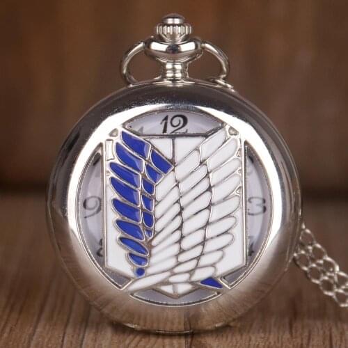 Hot Sale Unique Design Pocket Watches Silver Attack on Titan Wings of Liberty Clamshell Quartz Pocket Watch Gifts For Men Women