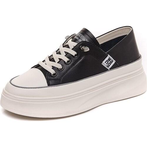 Women Chunky Genuine Leathe white Sneakers Vulcanize Shoes Korean Fashion Female Black Platform Thick Sole Casual Shoes