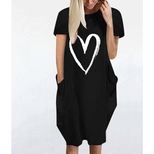 Plus Size Women Dress Heart-shaped Printing Pocket Short Sleeve Dress Summer Loose Oversized Dresses For Women Vestidos Mujer