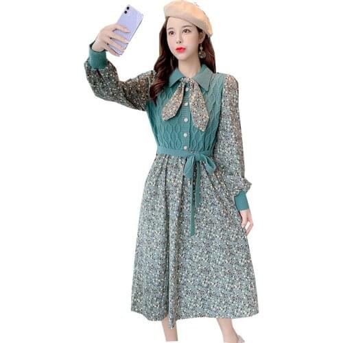 Floral Corduroy Dress Womens Spring Autumn Dress 2021 New Fake Two-Piece Knit Dress Female Stitching Base Sweater Dress fashion