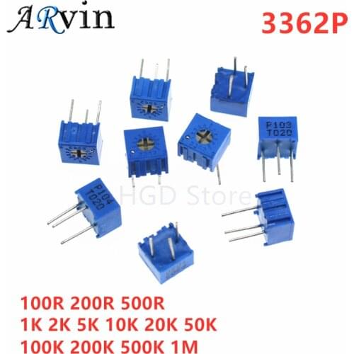 10pcs 3362P Series Resistance 101 201 501 102 202 502 103 204 Trimpo Trimmer Potentiometer 3362 500R 1K 2K 5K 10K 20K 50K 100K