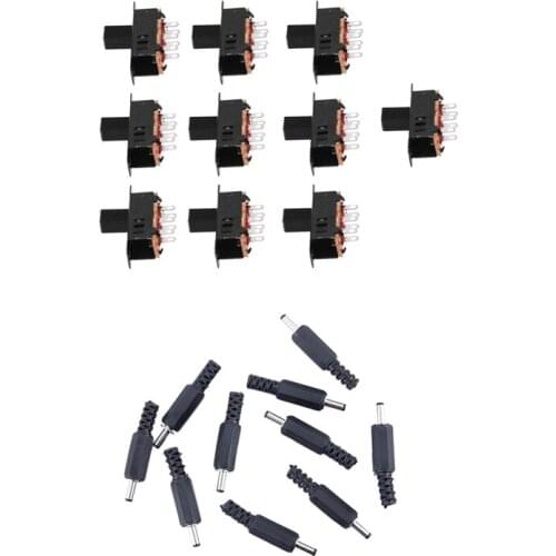 10 X DC 0.5A 50V 3 Position 2P2T DPDT Panel Mount Slide Switch & 10X DC In-Line Plug Connector Male Plug 1.3Mm 3.5Mm