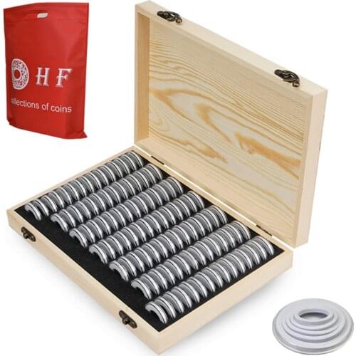 100Pcs Coin Storage Box Adjustable Antioxidative Wooden Commemorative Coin Collection Case Container with Adjustment Pad