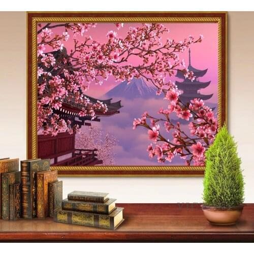 5D Diamond Painting Japanese Landscape Mountain Diamond Embroidery Sale Peach Blossom Rhinestones Decor for Home
