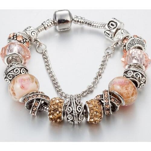 ANNAPAER Pink Crystal Charm Silver Color Bracelets & Bangles for Women With Murano Beads Silver Bracelet Femme Jewelry B15094