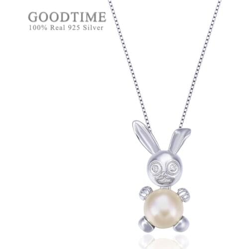Noble Necklace Women Pure 925 Sterling Silver Necklace Bunny Rabbit Zircon Pendant Freshwater Pearl Pendant Clavicle Necklace