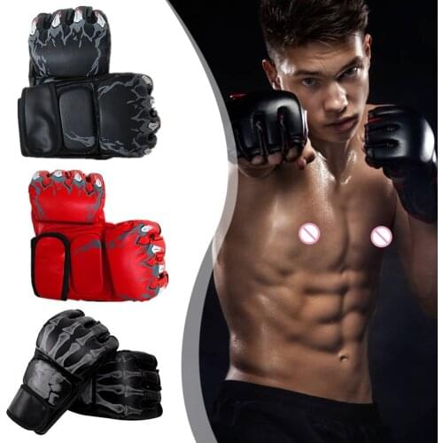 1 Pair Boxing Gloves Printing Thickened Leather MMA Fighting Kick Boxing Gloves Muay Thai Sanda Training Half Finger Gloves