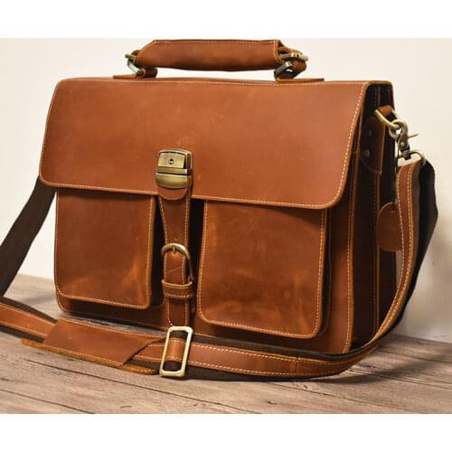 Large 15.6" Inch Laptop Bag Vintage Genuine Cow Leather Men Briefcase