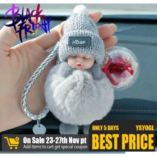 Sleeping Baby Car Key Ring Furry Plush Flower Keychain Cute Car Accessories Girls Women Ladies Gift Bag Pendant Lovely Doll