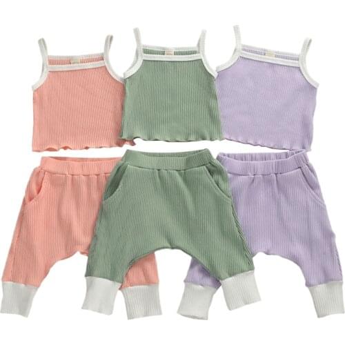 6M-3Years Kid Baby Girl Boy Outfits Cute Infant Sleeveless Sling Crop Top Pocket Pants Ribbed Clothes Set 0-3Y