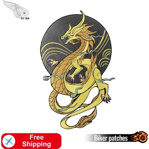 Chinese Yellow Dragon Large Patch Iron on Embroidered Badges for Clothing Twill Fabric Backpack Cool Biker MC Stickers Patches