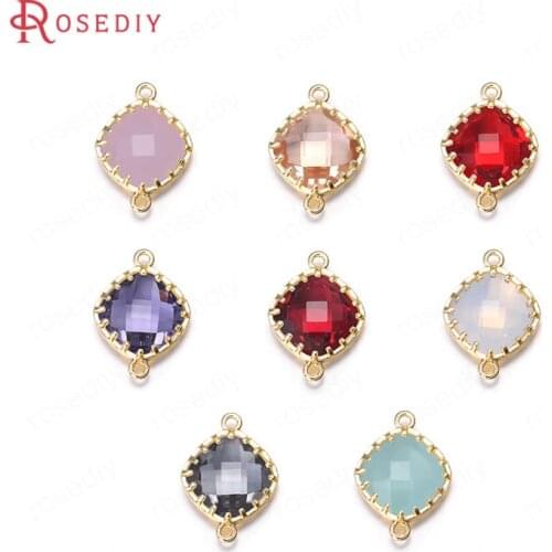 4PCS 13x18MM 24K Champagne Gold Color Plated Brass with Colourful Glass Beads 2 holes Square Connect Charms Accessories