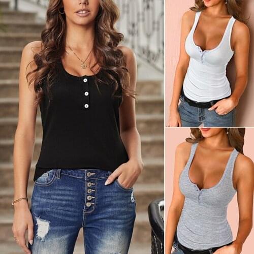 Hot kf-Womens U Neck Button Down Tank Tops Casual Sleeveless Shirts Summer Loose Tunic Tees