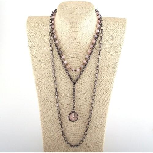 MOODPC Fashion Bohemian Tribal Jewelry 3 Layer Multiple White Stone Rosary Link & Chain Glass Ball Pendant Necklaces