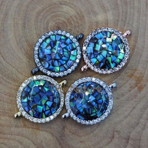 Wholesale Abalone Stone Jewelry, Shimmer Cz Paved Pendant, Tiny Round Double Bails Connectors, DIY Making In 13.5 mm PC6897