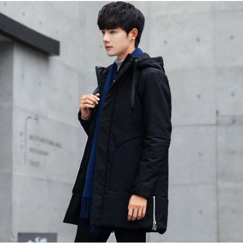 Autumn And Winter Mens Thick Hooded Solid Color Mid-length down Feather Cotton-padded Clothes Slim Fit Versatile Hong