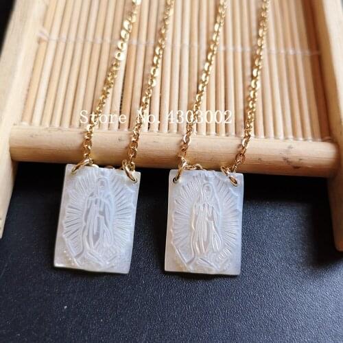10pcs/lot 12x16mm Natural Virgin of Guadalupe Mother of Pearl Shell Necklace for Gift Madonna MOP Pearl Shell Necklace for Women