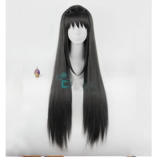 Anime Puella Magi Madoka Magica Akemi Homura Cosplay Wig Long Black Heat Resistant Synthetic Hair Wigs + Wig Cap + Hairband