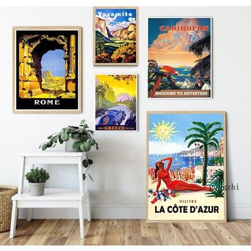 Caribbean Coast Yosemite Rome Retro Posters Vintage Travel City Landscape Canvas Painting and Prints Wall Art Picture Home Decor