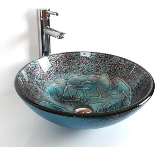 Bathroom Tempered Glass Vessel Sink round flower pattern with Free Pop Up Drain