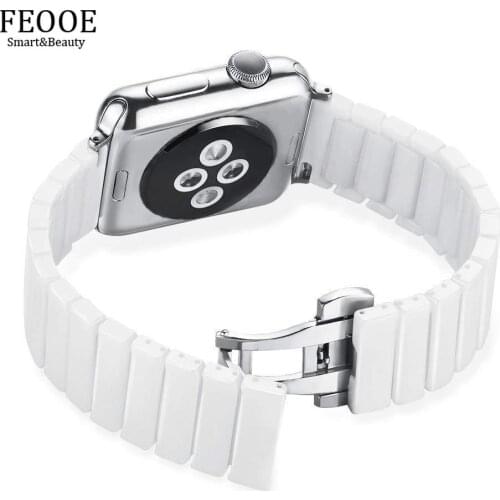 FEOOE Suitable for Iwatch3 Apple 4 Watch Strap Black White Ceramic Bracelet Stainless Steel Butterfly Buckle Strap Ceramic LXY