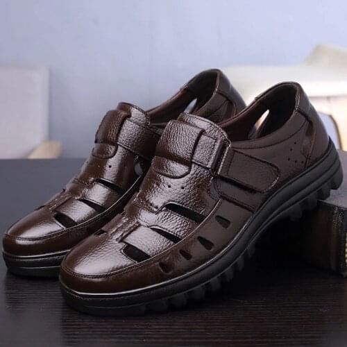 Fashionable Mens Leather Sandal Summer Hook Loop Hollow Black Shoes For Men Sewing Massage Driving Shoes Male Zuecos Hombre