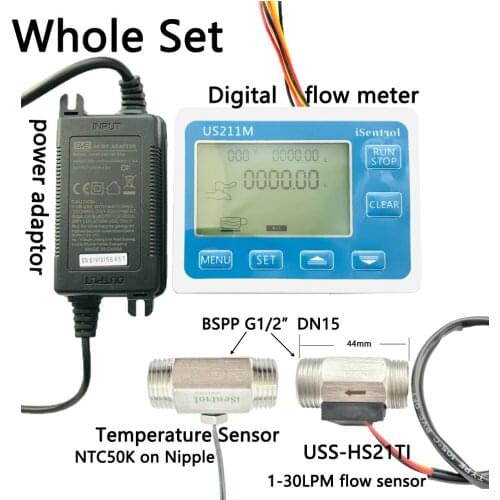 US211M Water Flow Meter Totalizer with SUS304 Stainless Steel USS-HS21TI 1-30L/min Liquid Meter with Temperature Nipple iowmeter