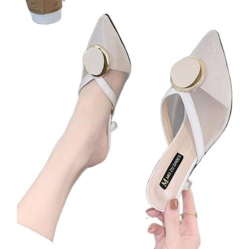 Sexy Half Baotou Womens Sandals and Slippers Pointed Toe Stiletto Womens Sandals Metal Decorative Womens Shoes Slippers