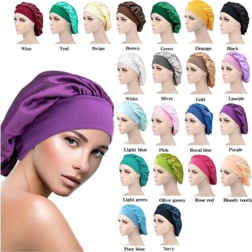 2021 New Satin Silky Bonnet Sleep Cap with Premium Elastic Band For Women Solid Color Head Wrap Brimmed Nightcap Night Hat