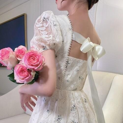 Vintage Retro Women French Style Elegant Lace Fairy Dress Casual Slim Party Dress 2021 Sexy Backless Bow Womens Clothing