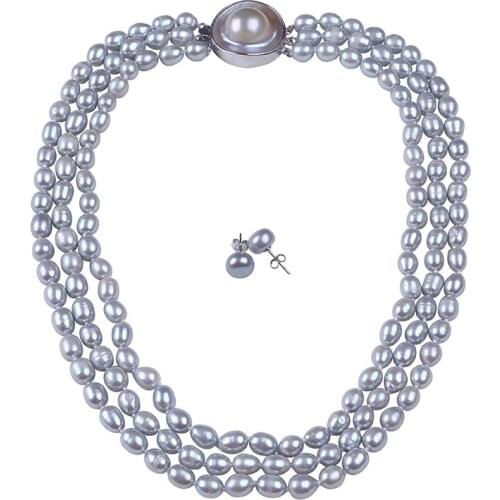 High quality gray rice shape pearl necklace with 925 silver mabe pearl clasp 9mm button pearl silver stud earrings set