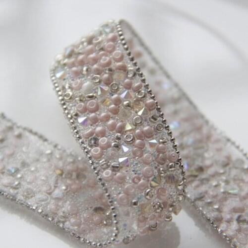 Top Grade 1yards/lot 2Cm Pink Beads Shiny Rhinestones Lace Sewing Crafts DIY Lace Accessory Z337