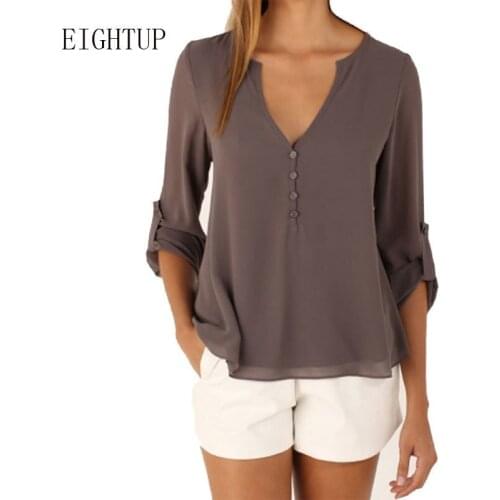 Women Solid Blouse Tops V-neck Vintage Spring Autumn Shirt Clothing Casual Roll Up Sleeve Chiffon Blouse Blusas Blusa