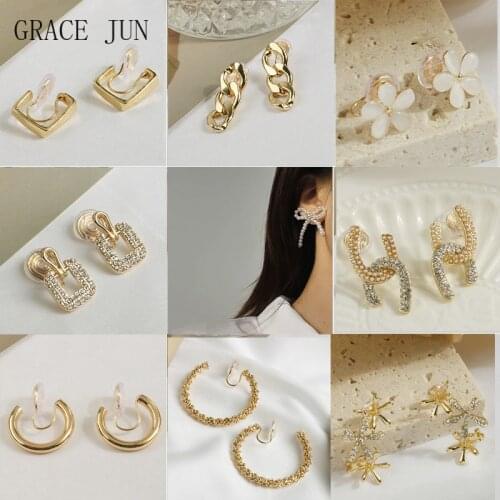 GRACE JUN Korea Style Geometric Heart Butterfly Clip on Earrings No Pierced Womens Hoop Earrings Gold Color Cuff Earrings 2021