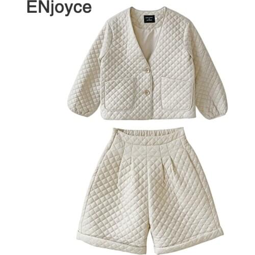 Women Autumn Winter 2 Piece Sets V-Neck Warm Cotton Down Coat and Shorts Two Piece Set Loose Fashion Korean Ladies Jacket Suits