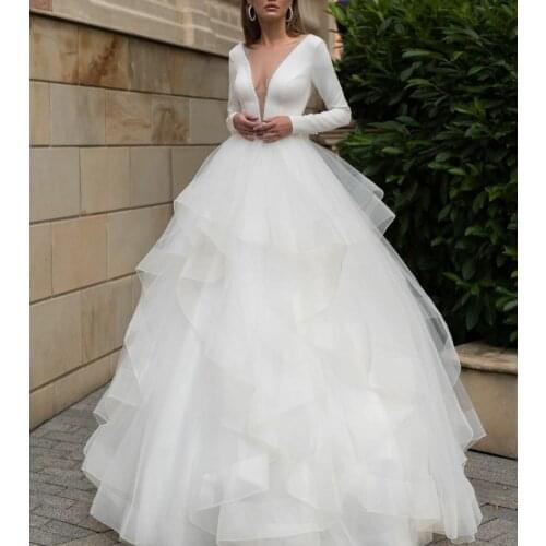 Elegant Long V-Neck Ruched Wedding Dresses V-Back IvoryTulle Vestidos de Novia Abendkleid Bridal Gown for Women